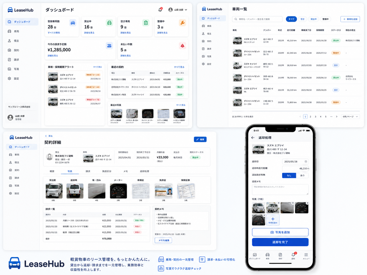 LeaseHub のダッシュボード・車両一覧・契約詳細・スマホアプリ画面